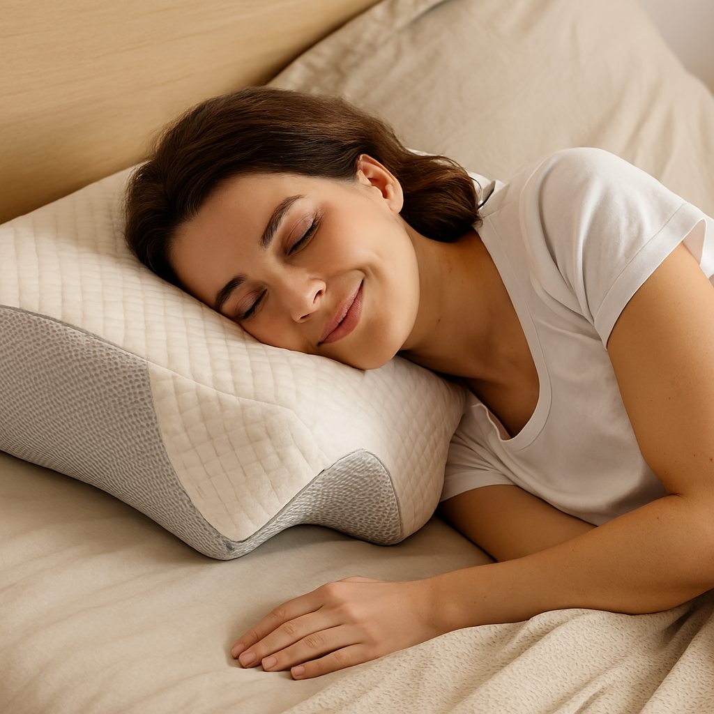 Oreiller ergonomique blanc posé sur un lit