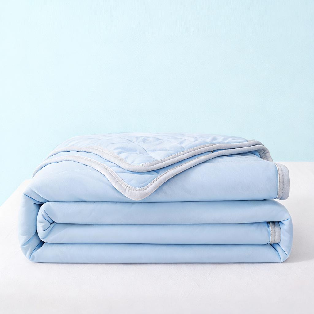 Couverture d'été en soie de glace dépliée sur un lit dans une chambre claire.