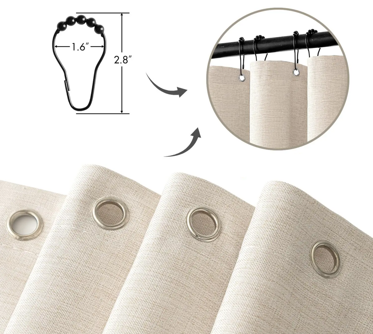 Crochets métalliques noirs fournis avec le rideau de douche, vus de près