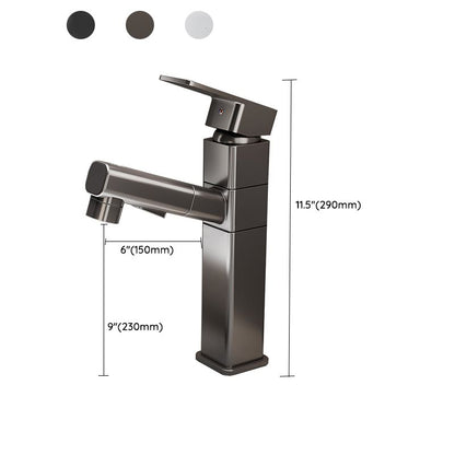 Douchette du robinet de lavabo gris à bec rond pivotant, tenue à la main