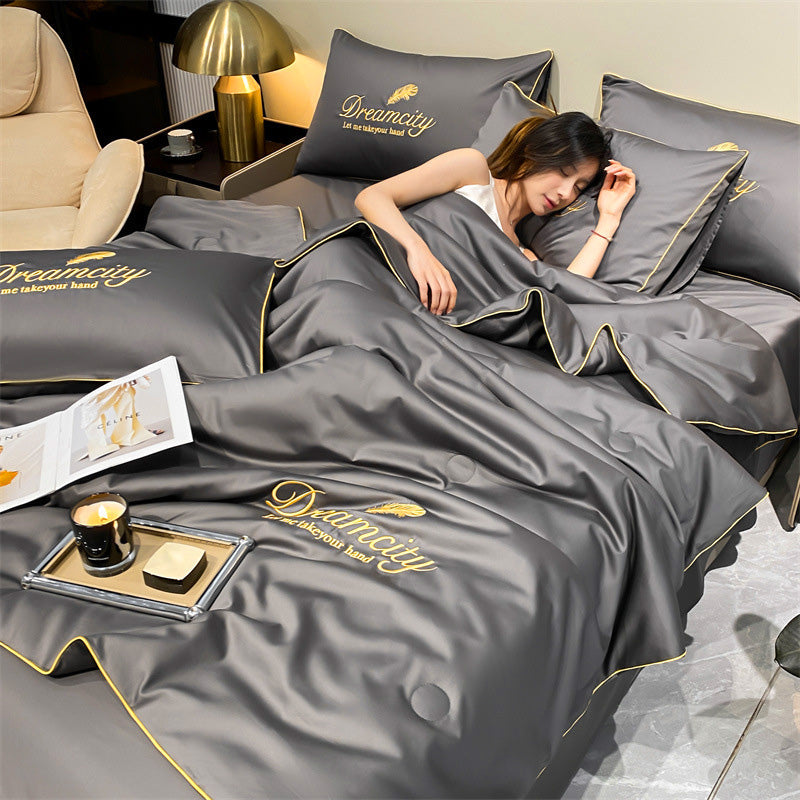 Parure de lit d'été rafraîchissante coloris gris foncé avec couette drap et taies d'oreiller
