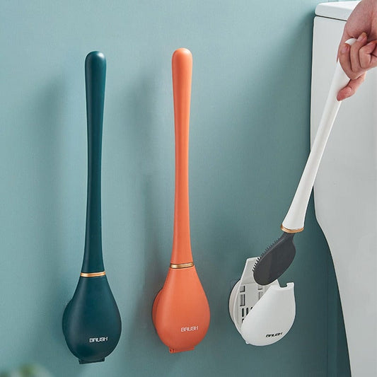 Brosse WC en silicone avec son support mural et sa tête plate