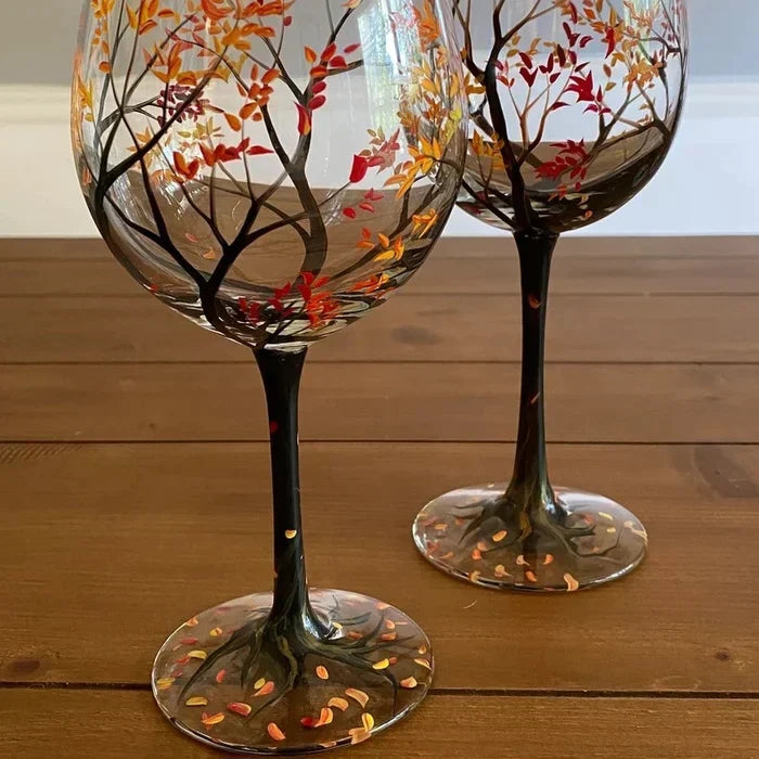 Verre à vin à pied peint à la main, motif arbre de l'été