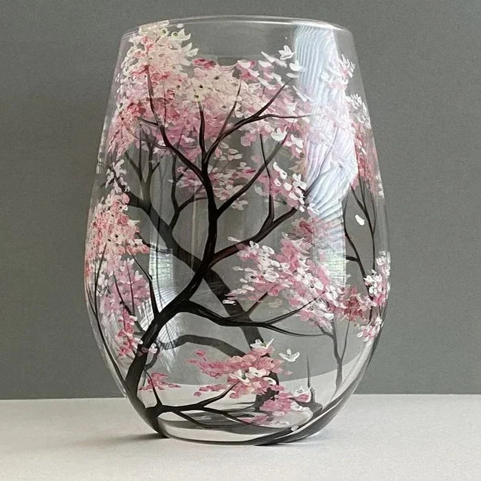 Verres à vin peints à la main, motif arbre des quatre saisons
