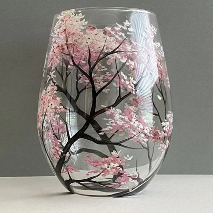 Verres à vin peints à la main, motif arbre des quatre saisons