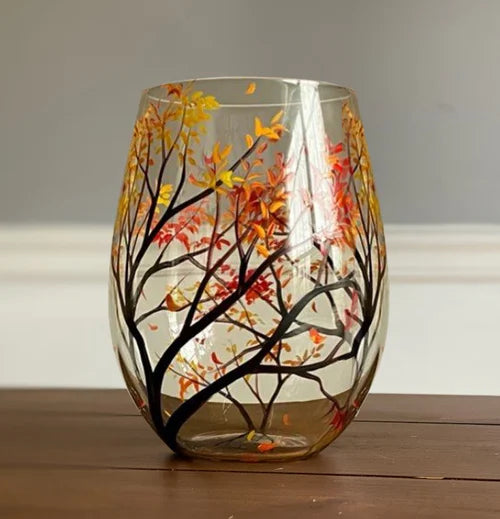 Verre à vin sans pied peint à la main, motif arbre de l'été