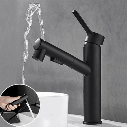 Robinet de lavabo blanc à bec carré pivotant en cours d'utilisation au-dessus d'une vasque