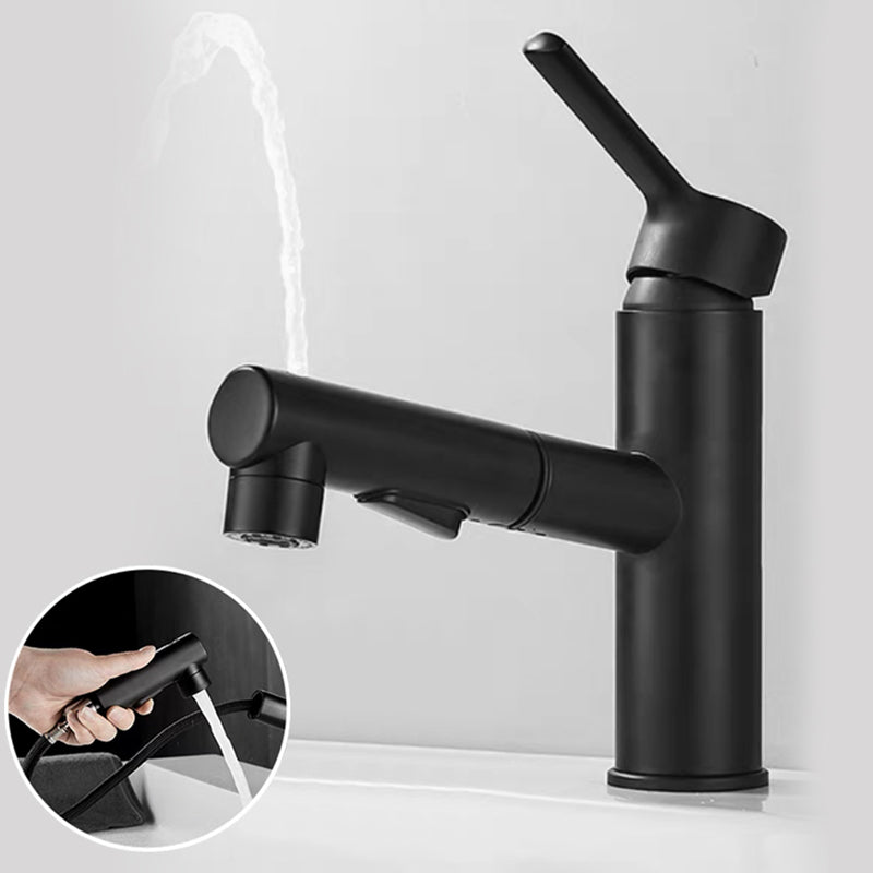 Robinet de lavabo noir à bec carré, vue de trois quarts arrière