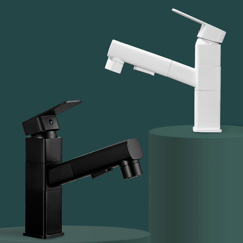 Dimensions du robinet de lavabo blanc à bec carré pivotant indiquées sur un schéma