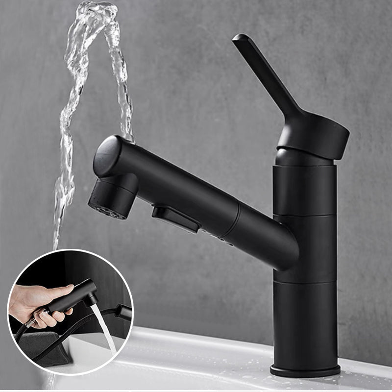Dimensions du robinet de lavabo noir à bec carré pivotant indiquées sur un schéma