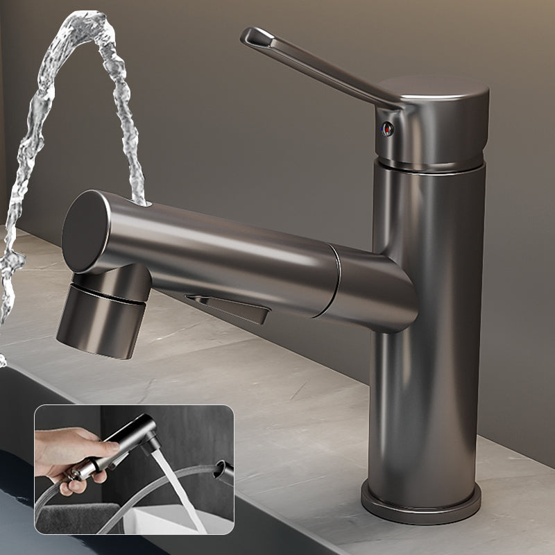 Robinet de lavabo gris à bec rond, mitigeur monocommande vu de face