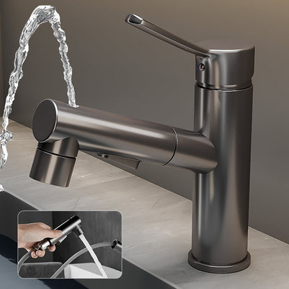 Robinet de lavabo gris à bec rond, mitigeur monocommande vu de face