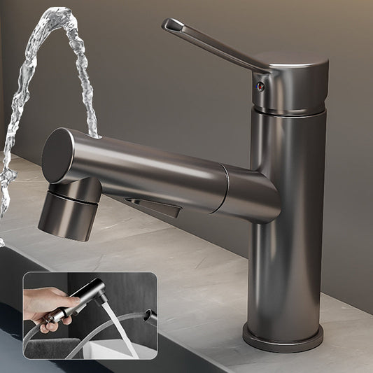 Robinet de lavabo gris à bec rond, mitigeur monocommande vu de face