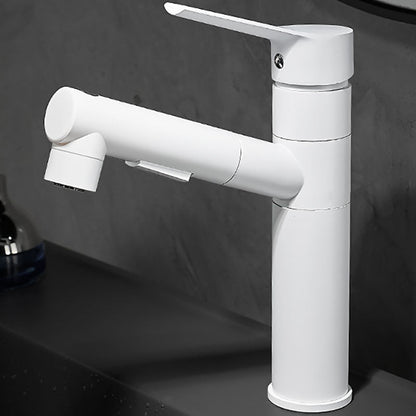 Robinet de lavabo blanc à bec rond pivotant, jet orienté vers le fond de la vasque