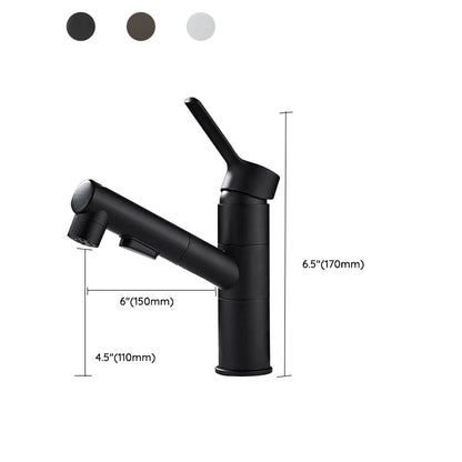 Dimensions du robinet de lavabo gris à bec carré pivotant indiquées sur un schéma