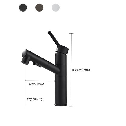 Levier unique du robinet de lavabo gris à bec carré pivotant, vu de près