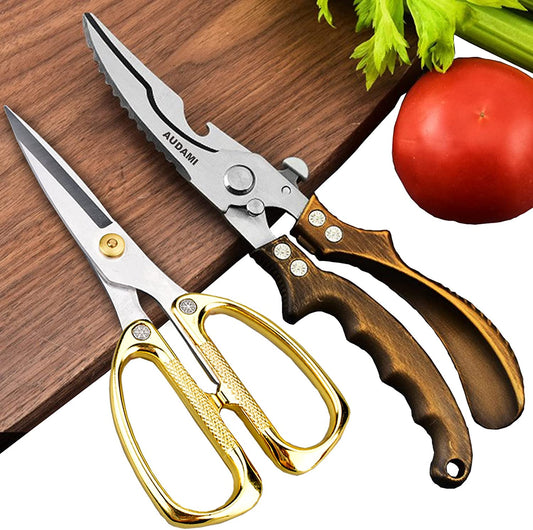 Lot de deux ciseaux de cuisine en acier inoxydable aux poignées colorées