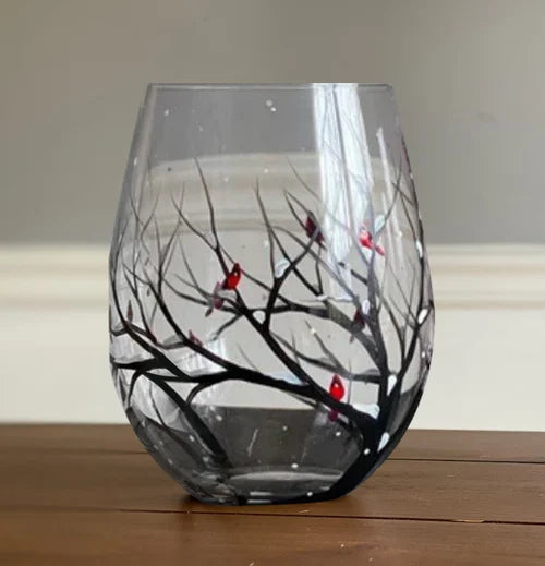 Verre à vin sans pied peint à la main, motif arbre de l'hiver