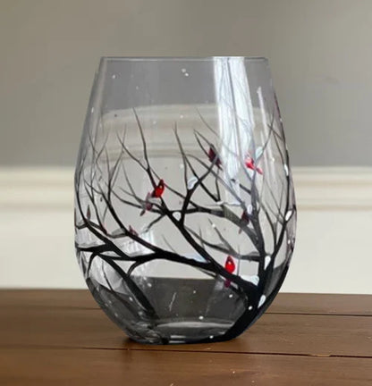 Verre à vin sans pied peint à la main, motif arbre de l'hiver