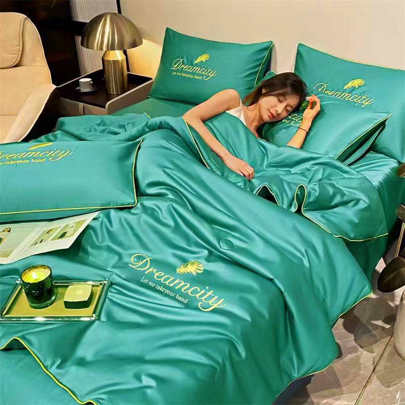 Parure de lit d'été rafraîchissante coloris vert avec couette drap et taies d'oreiller
