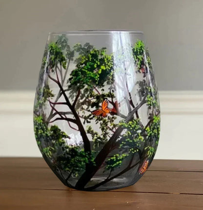 Verre à vin sans pied peint à la main, motif arbre du printemps