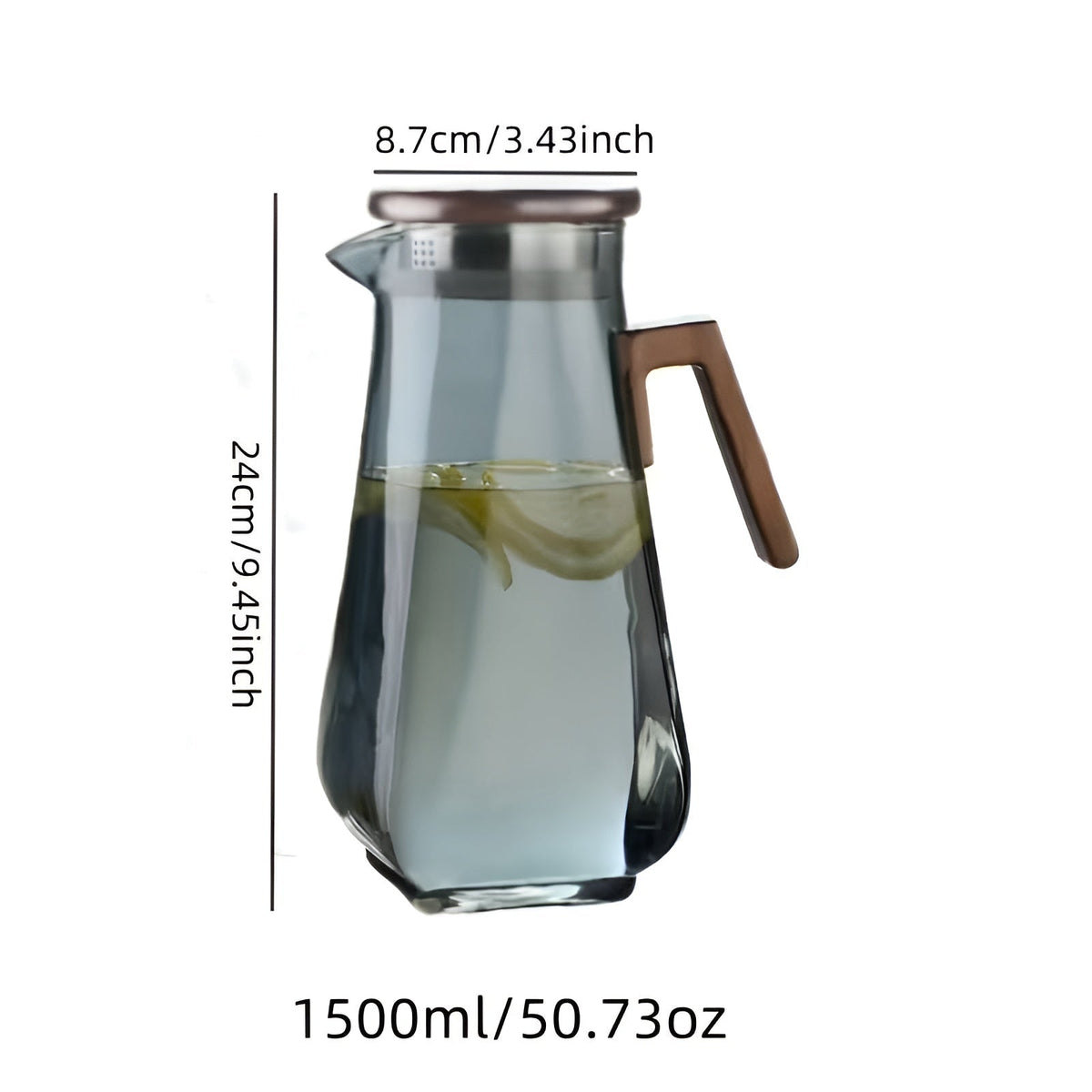 Carafe en verre vue de côté, couvercle en bois en place