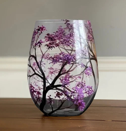 Verre à vin sans pied peint à la main, motif arbre de l'automne