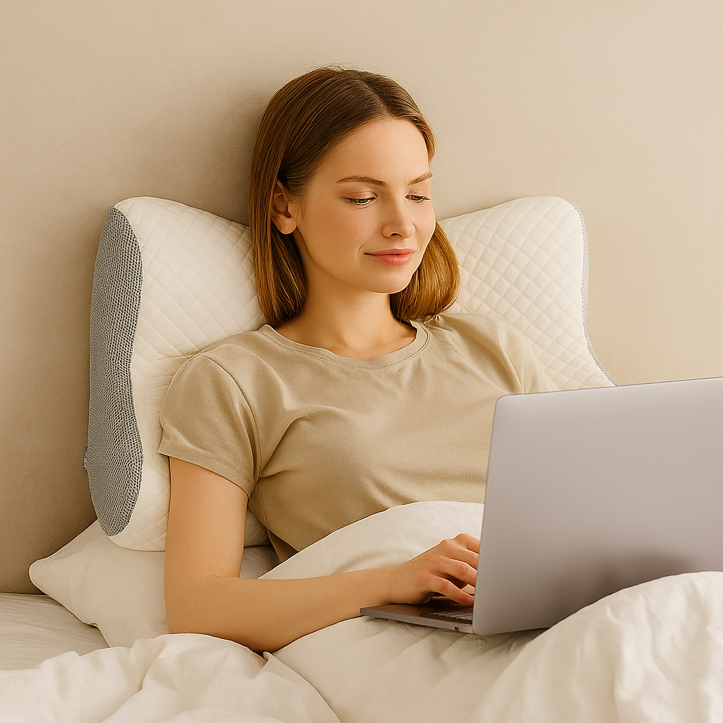 Oreiller ergonomique gris posé sur un lit