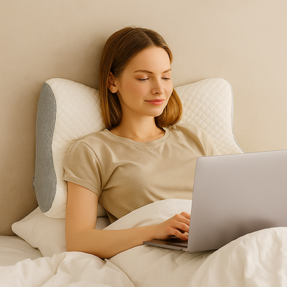 Oreiller ergonomique gris posé sur un lit