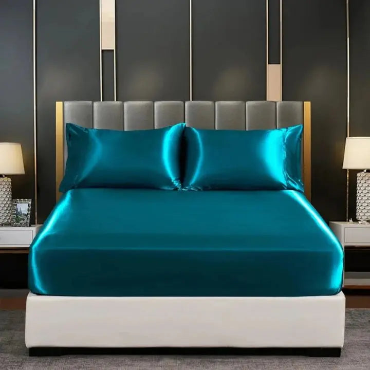 Parure de lit en soie de glace coloris turquoise, drap-housse et taies