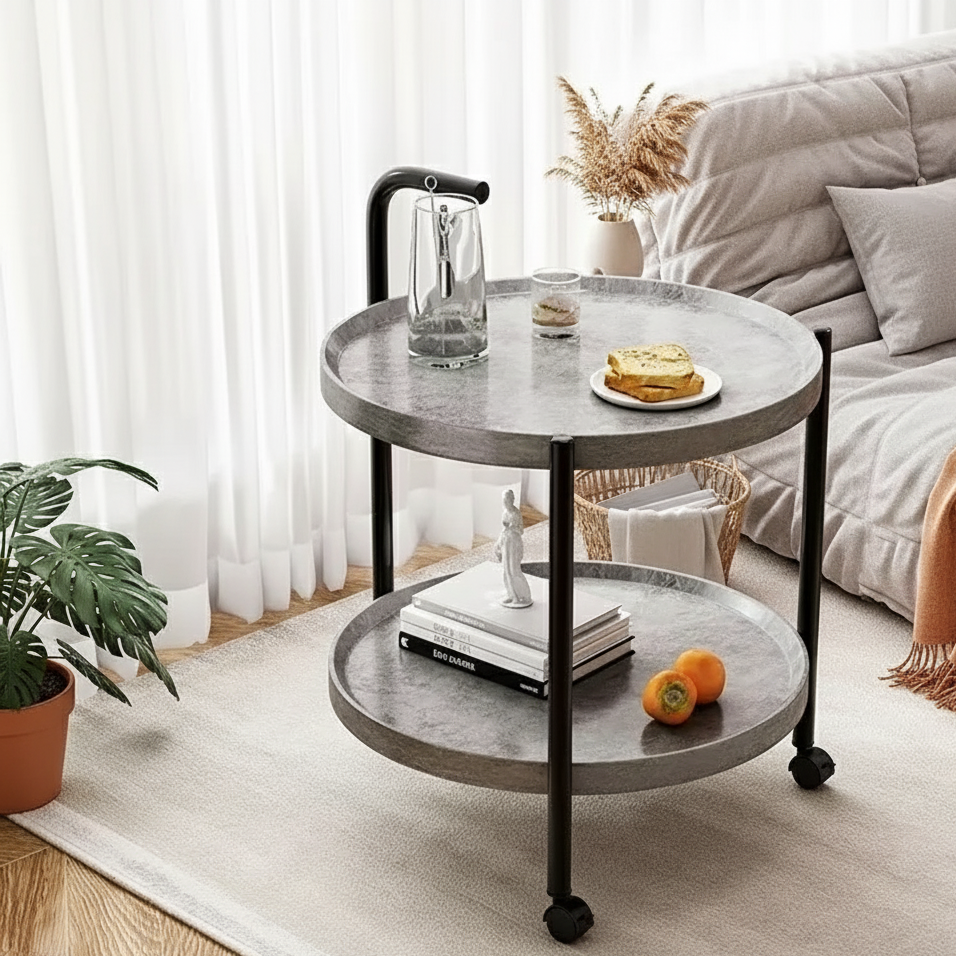 Table d'appoint ronde à deux niveaux sur roulettes – image 2 sur 9