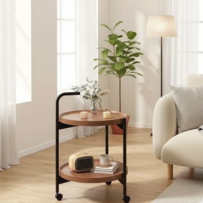 Table d'appoint ronde à deux niveaux sur roulettes – image 1 sur 9