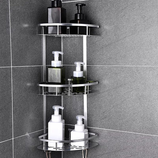Étagère d'angle de douche à trois niveaux en aluminium fixée dans un coin de salle de bains