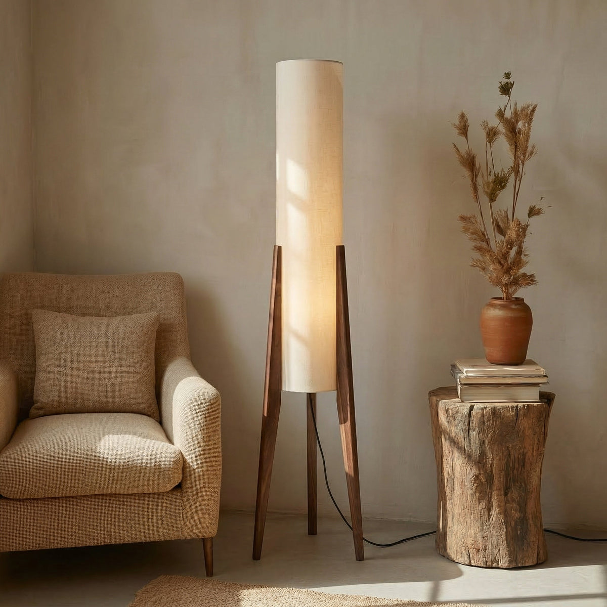 Lampadaire LED à pied en bois et abat-jour en tissu, photo 5