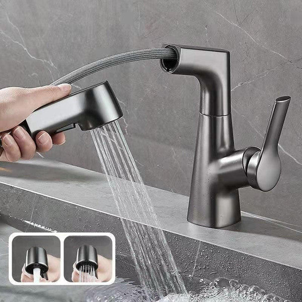 Robinet de lavabo vu de profil avec son bec haut et sa manette