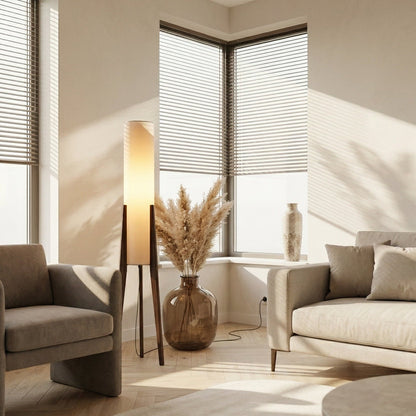 Lampadaire LED à pied en bois et abat-jour en tissu, photo 4