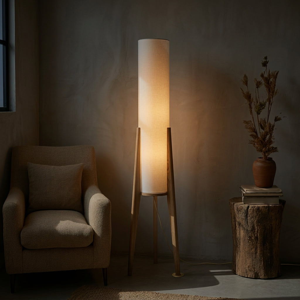 Lampadaire LED à pied en bois et abat-jour en tissu, photo 8