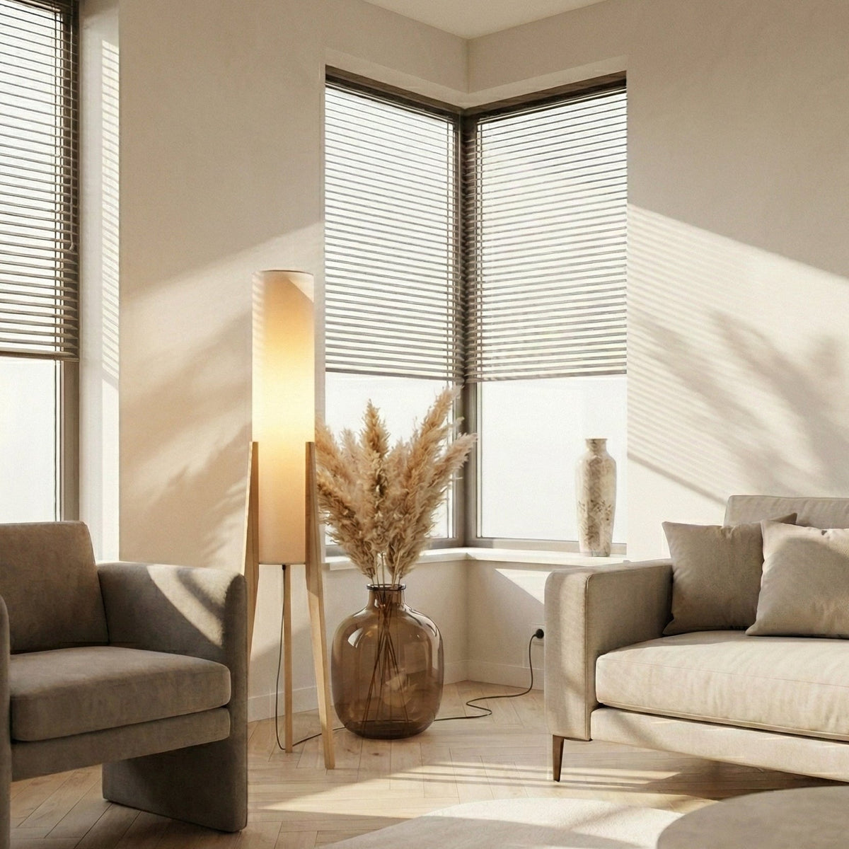 Lampadaire LED à pied en bois et abat-jour en tissu, photo 3
