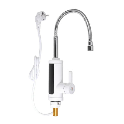 Robinet électrique noir en cours d'utilisation, eau chaude au débit