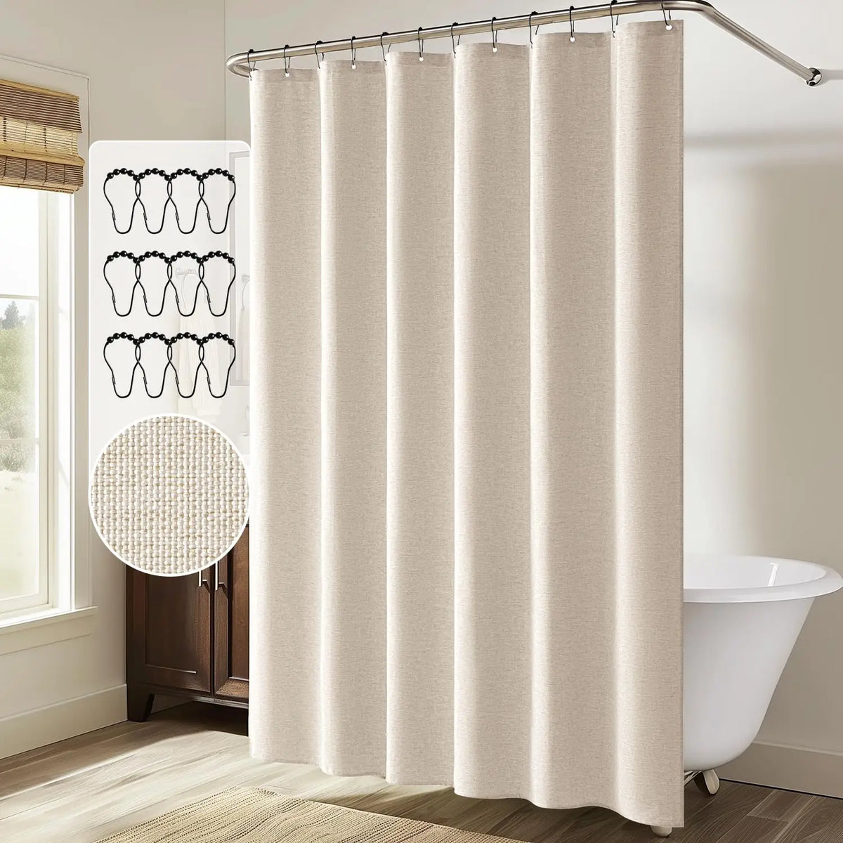 Rideau de douche beige aspect lin présenté dans ses deux largeurs