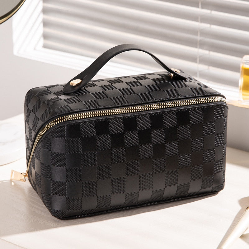 Trousse de maquillage en simili cuir noir à motif à carreaux, avec poignée de transport