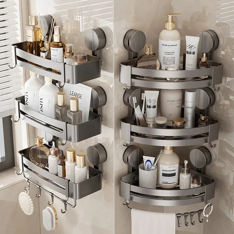 Étagère de douche carrée et étagère triangulaire côte à côte