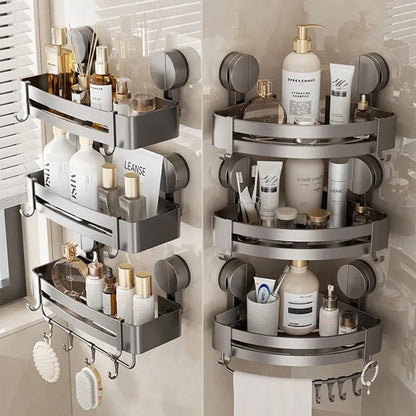 Étagère de douche carrée et étagère triangulaire côte à côte