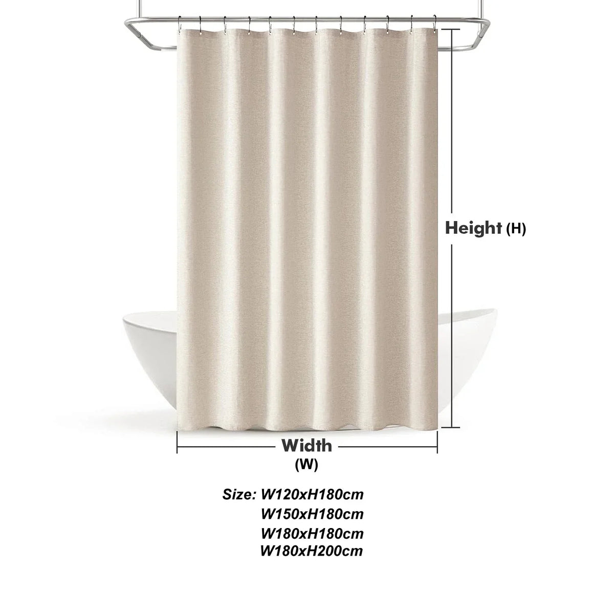 Haut du rideau de douche beige et ses œillets équipés de crochets métalliques