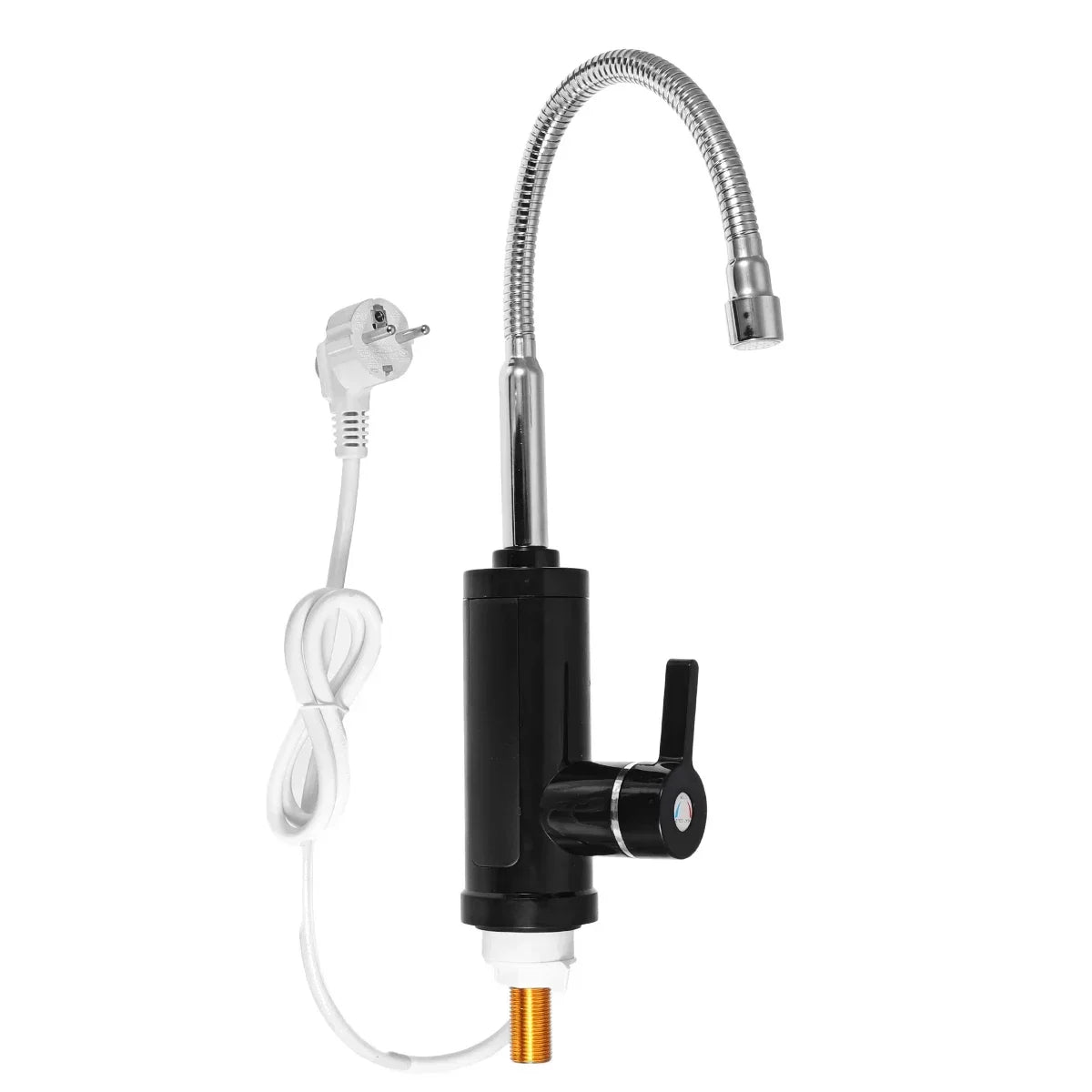 Robinet de cuisine électrique noir avec indicateur de température, monté sur un évier
