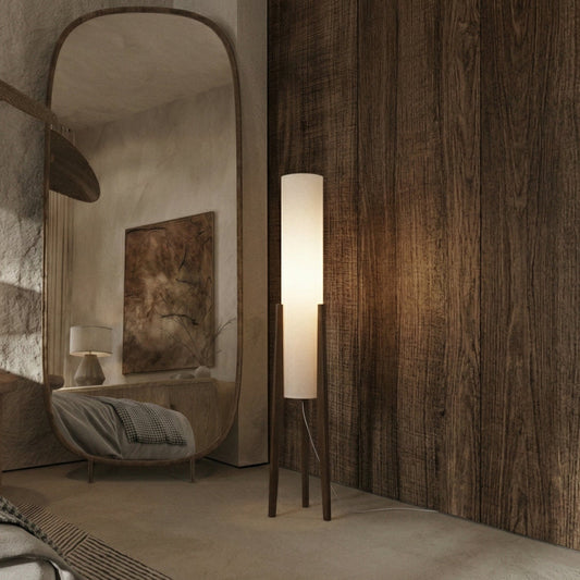 Lampadaire LED à pied en bois et abat-jour en tissu, photo 1