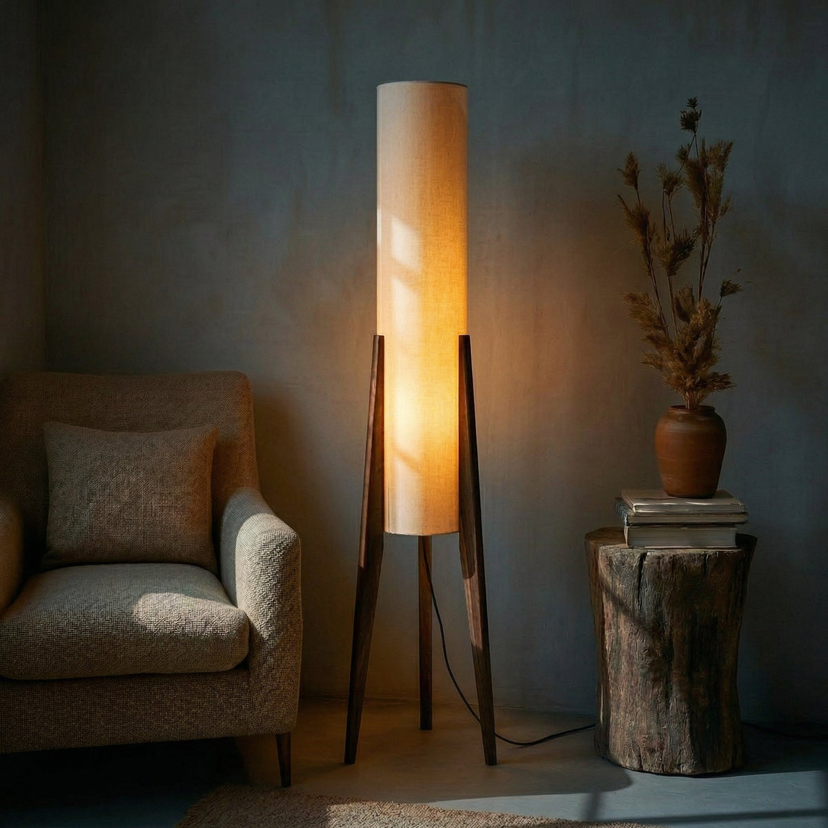 Lampadaire LED à pied en bois et abat-jour en tissu, photo 6
