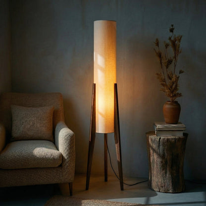 Lampadaire LED à pied en bois et abat-jour en tissu, photo 6