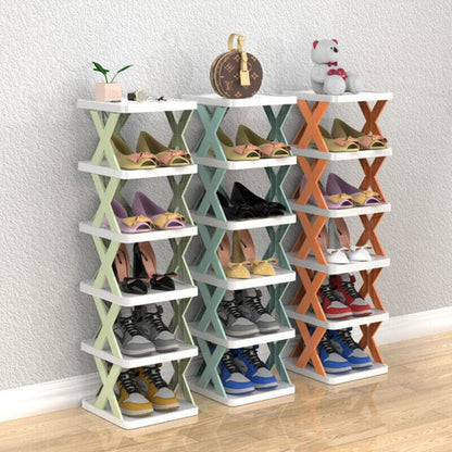 Étagère à chaussures verticale à 6 niveaux en orange, bleu et vert
