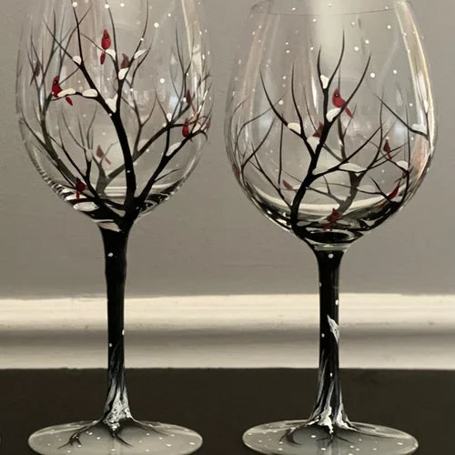 Verre à vin à pied peint à la main, motif arbre de l'hiver
